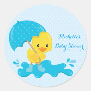 Geel deuken met blauwe paraplu en pooldots ronde sticker