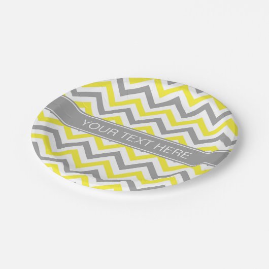 Geel Dk Gray White LG Chevron Gray Name Monogram Papieren Bordje (Gekanteld)