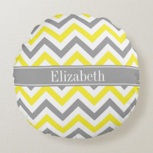 Geel Dk Gray White LG Chevron Gray Name Monogram Rond Kussen