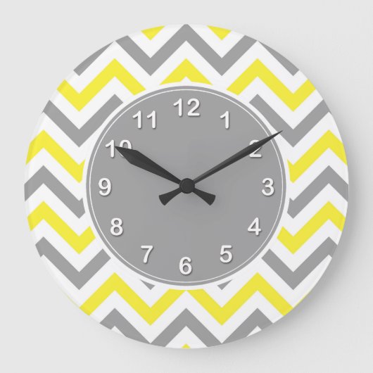 Geel, Dk Grey Wht Large Chevron ZigZag Pattern Grote Klok (Voorkant)