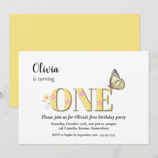 Geel Een 1e Verjaardagsfeest Kaart (Voorkant / Achterkant)