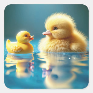 Geel eendje met een Speelgoed-rubberen eend Vierkante Sticker