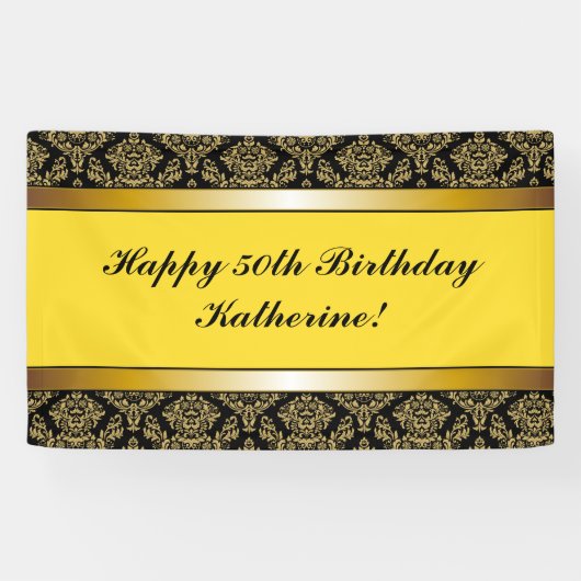 Geel elke leeftijd Gold Damask Birthday Banner (Horizontaal)
