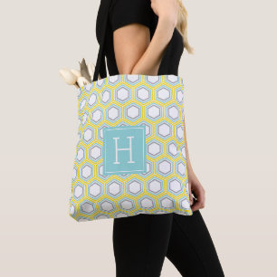 Geel en Aqua Geometrisch Patroon en Monogram Draagtas