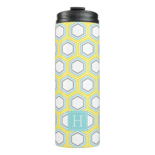 Geel en Aqua Geometrisch Patroon en Monogram Thermosbeker