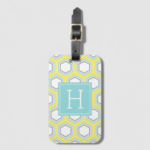 Geel en Aqua Honeycomb Pattern Monogrammed Bagagelabel
