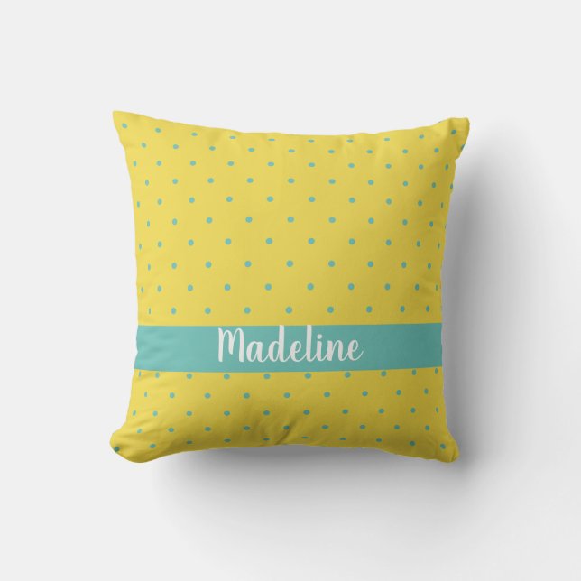 Geel en Aqua Polka Dots Custom Name Kussen (Voorkant)