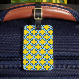 Geel en Baby Blue Trellis, Lattice, Quatrefoil Bagagelabel