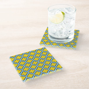 Geel en Baby Blue Trellis, Lattice, Quatrefoil Glazen Onderzetter