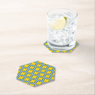 Geel en Baby Blue Trellis, Lattice, Quatrefoil Kartonnen Onderzetters