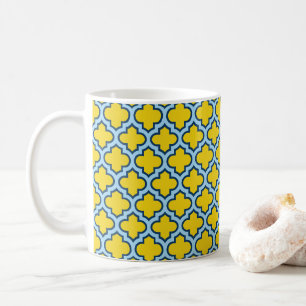 Geel en Baby Blue Trellis, Lattice, Quatrefoil Koffiemok