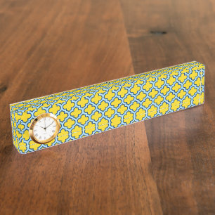 Geel en Baby Blue Trellis, Lattice, Quatrefoil Naambordje