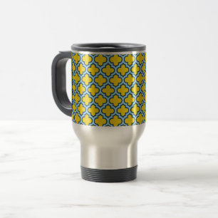 Geel en Baby Blue Trellis, Lattice, Quatrefoil Reisbeker
