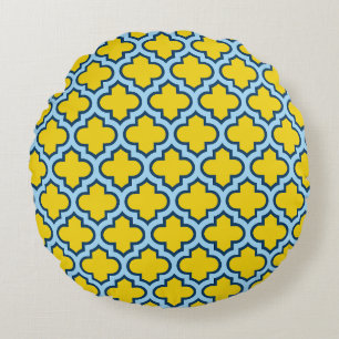 Geel en Baby Blue Trellis, Lattice, Quatrefoil Rond Kussen