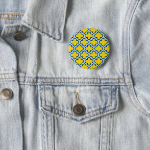 Geel en Baby Blue Trellis, Lattice, Quatrefoil Ronde Button 5,7 Cm
