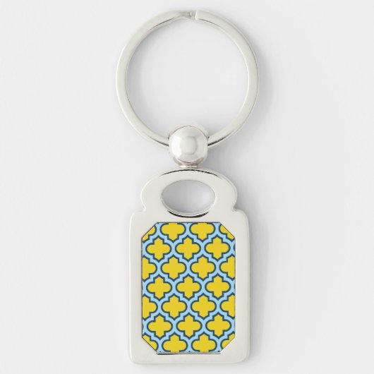 Geel en Baby Blue Trellis, Lattice, Quatrefoil Sleutelhanger (Voorkant)