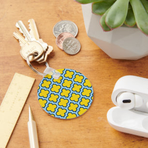 Geel en Baby Blue Trellis, Lattice, Quatrefoil Sleutelhanger