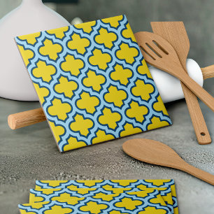 Geel en Baby Blue Trellis, Lattice, Quatrefoil Tegeltje