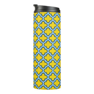 Geel en Baby Blue Trellis, Lattice, Quatrefoil Thermosbeker