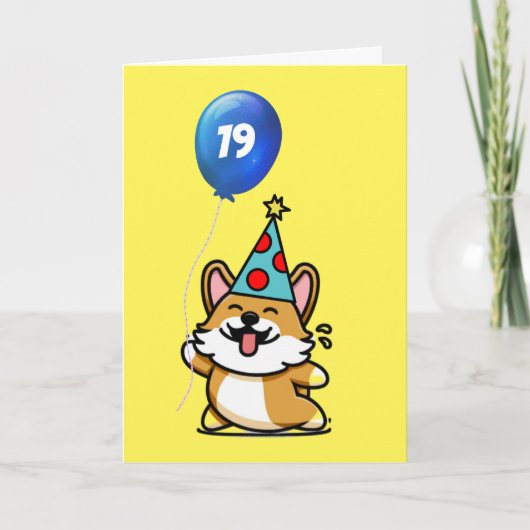 Geel en blauw ballon Corgi 19th Birthday Kaart (Voorkant)