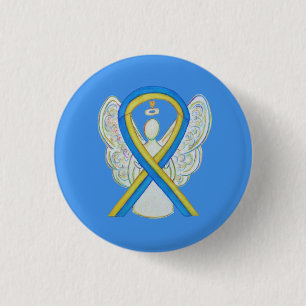 Geel en blauw bewustzijn Ribbon Angel Pin Button