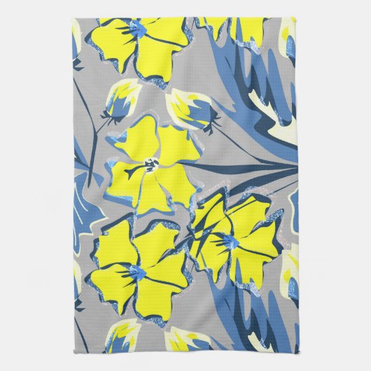 Geel en blauw bloemen met enkels. theedoek (Verticaal)