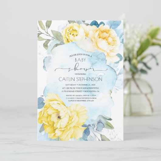 Geel en Blauw Bloemen Waterverf Baby shower Kaart (Staand voorkant)