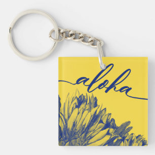 Geel en blauw Cereus Aloha Square Sleutelhanger Mi