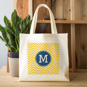Geel en blauw Chevron Patroon met Monogram Tote Bag