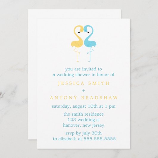 Geel en Blauw Flamingo's Koppels Bruiloft Douche Kaart (Voorkant / Achterkant)