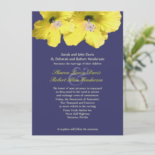 Geel en blauw hibiscus Weddenschap Kaart (Staand voorkant)