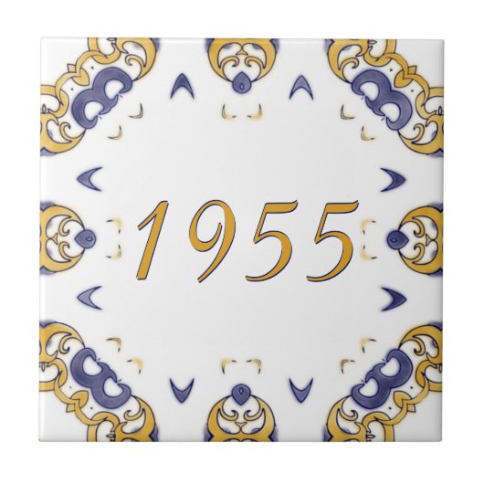 Geel en blauw klein huisnummer tegeltje (Voorkant)