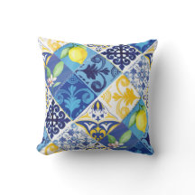 Geel en blauw Lemon floral Pillow. Siciliaans