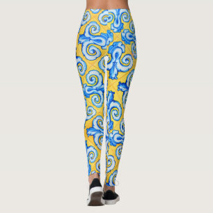 Geel en Blauw Mediterraans Patroon Tegels Leggings