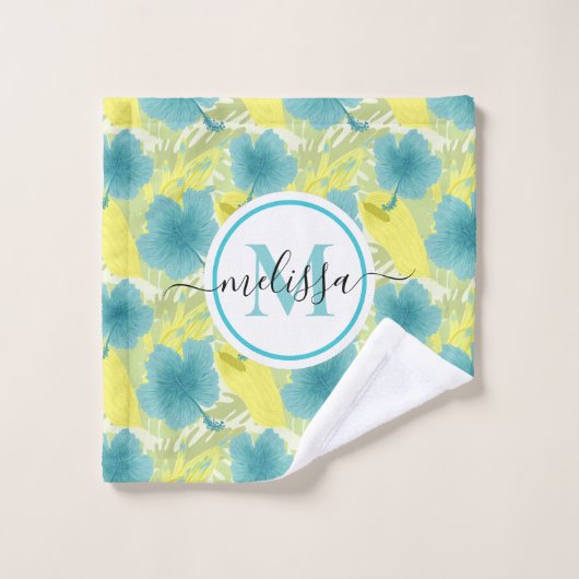 geel en blauw monogram bloem  bad handdoek (Wasdoekje)