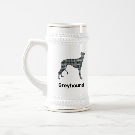 Geel- en blauw rasterlijnen voor grijnshond bierpul (Links)
