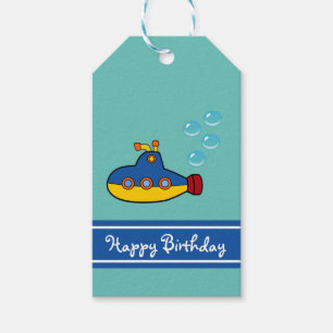 Geel en blauw Speelgoed onderzeeër Happy Birthday Cadeaulabel