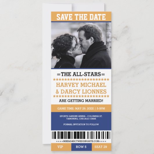 Geel en Blauw Sportticket Bewaar de Datum Kaart (Voorkant)