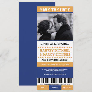 Geel en Blauw Sportticket Save the Date Kaart