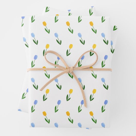 Geel en blauw Tulip Flower Pattern Inpakpapier Vel (In situ)