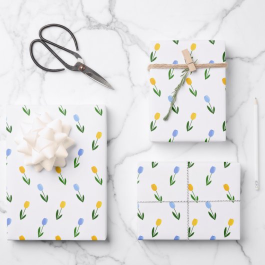 Geel en blauw Tulip Flower Pattern Inpakpapier Vel (Voorkant)