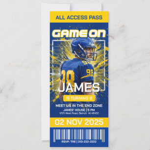 Geel en Blauw Voetbal Ticket Verjaardagsuitnodigin Save The Date