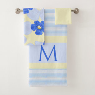 Geel en blauw Waterverf Floral Monogram Set Bad Handdoek