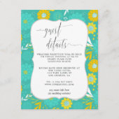 Geel en Blauwgroen Bloemen Bruiloft Gast Details Informatiekaartje (Voorkant)