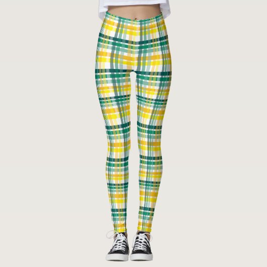 Geel en Blauwgroen plaid Leggings (Voorkant)