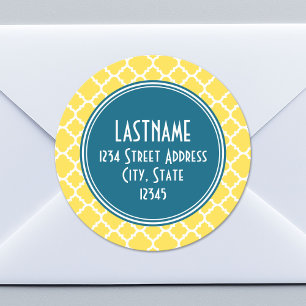 Geel en Blauwgroen Quatrefoil Patroon Aangepast mo Ronde Sticker