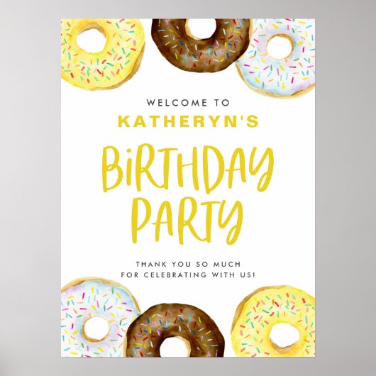 Geel en Chocolade Donuts Verjaardagsfeestje Welkom Poster (Voorkant)