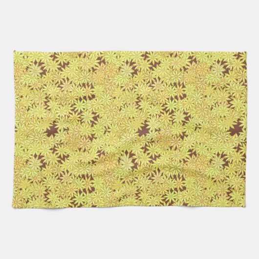 Geel en goudmaaltijd op chocolade bruin theedoek (Horizontaal)