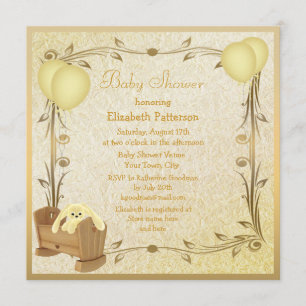 Geel en goudVintage Baby shower Wieg & Bunny Kaart