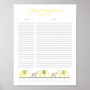 Geel en grijs Baby shower Gift List Poster